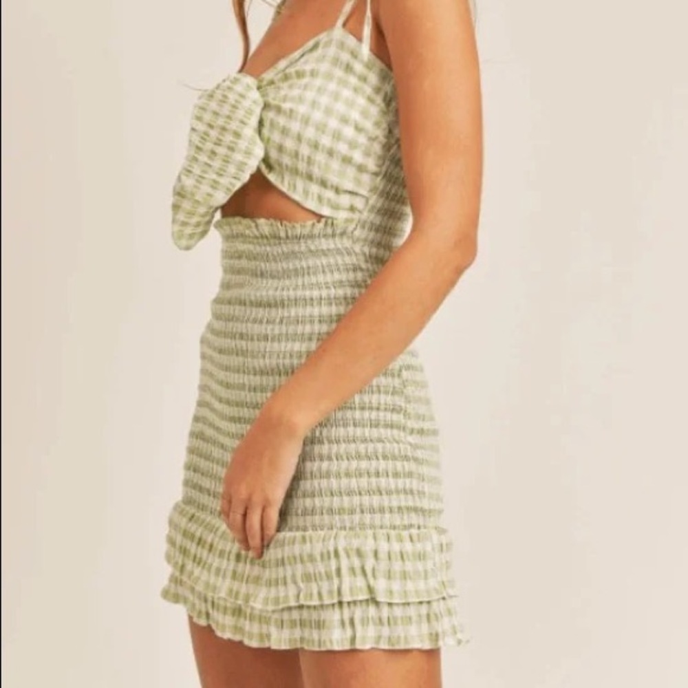 Front Tie Smocked Plaid Dress - Sage